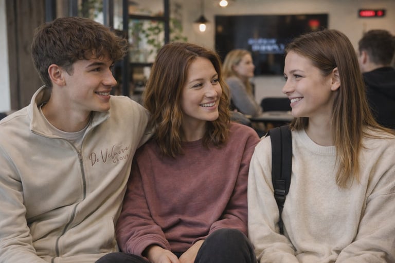 Three smiling young people sitting together indoors, wearing casual clothing in neutral and earth tones, with blurred background