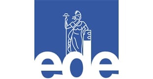 EDE logo featuring a robed figure holding scales and sword on blue background